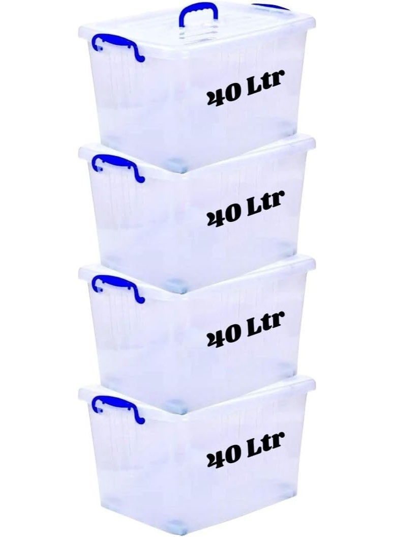 هيواري مجموعة صناديق تخزين بلاستيكية شفافة من 4 قطع من HIWARE سعة 40 لترًا مع أغطية قابلة للقفل | حاويات تنظيم شفافة للملابس والألعاب والأدوات والفنون والحرف اليدوية | حل تخزين قابل للتكديس مع مقابض (4 × 40 لترًا) - Image 1